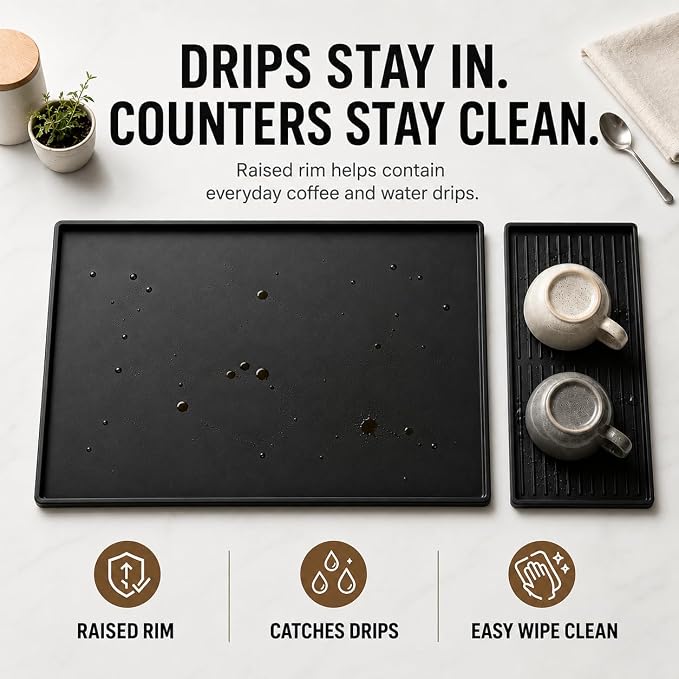 Silicone Coffee Mat 24 x 16 in with Tray, Classic Black | Coffee bar mat for countertop use, coffee station mat or coffee machine mat with removable tray and 0.47 in raised rim. - Image 6