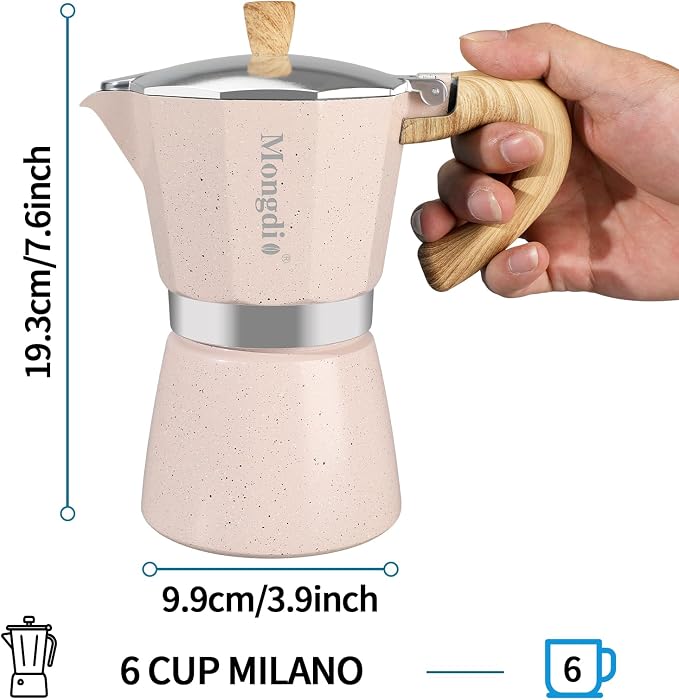 Mongdio Stovetop Espresso Maker Moka Pot, Cuban Coffee Maker Stove top coffee maker Moka Italian Espresso Greca Coffee Maker Brewer Percolator, 6 Espresso Cups, 10 oz - Pink - Image 5