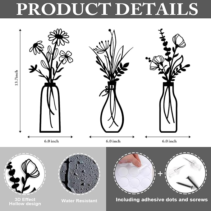Pigort 3 Pieces Metal Flowers Wall Arts - Rustic Farmhouse Decor Black Minimalist Flower Wall Decors for Living room Bathroom Bedroom Dining Room - Housewarming Gifts(Black, Vase-C) - Image 2