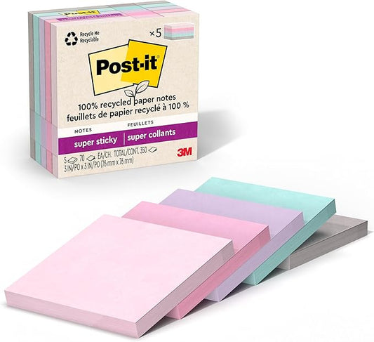 Post-it 100% Recycled Super Sticky Notes, 3 x 3 in, Pastels, 5 Pads | School Supplies and Office Products, 2X the Sticking Power by Unknown