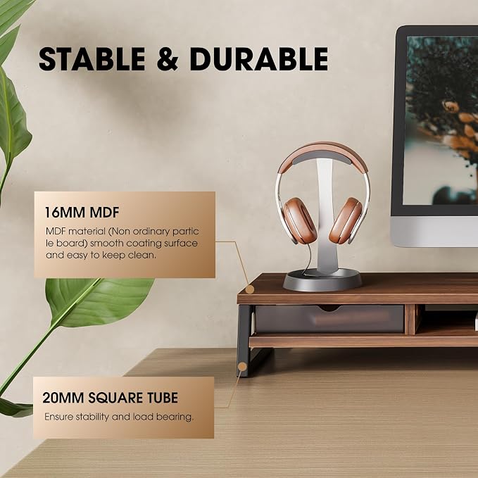 Fenge Dual Monitor Stand, Monitor Riser with Drawer, 42.5 Inch Large Computer Monitor Stand for 2 Monitors, 2 Tier Wooden Desk Shelf for Top of Desk - Image 4
