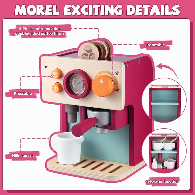 GAGAKU Wooden Coffee Machine Toy for Toddlers, Montessori Learning Toys for 3 4 5 Year Old Girls & Boys, Realistic Pretend Play Kitchen Accessories with Espresso Maker & Latte Art Set - Image 5