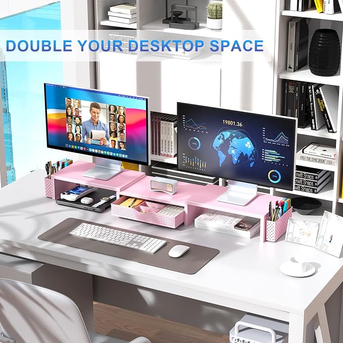 gianotter Dual Monitor Stand Riser, Desk Organizer With Drawer and 2 Pen Holders,Desk Organizers and Accessories, Pink Office Supplies (Pink) - Image 5