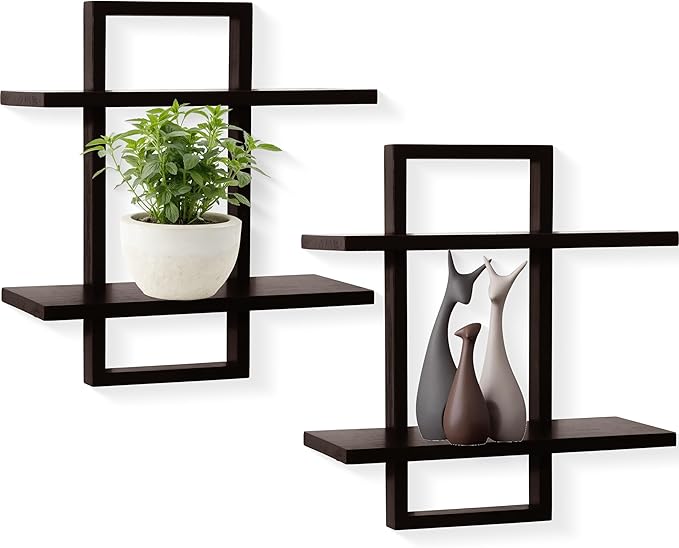 PHOENANCEE Floating Shelves for Wall,Display Hanging Shelf Set of 2,Modern Decorative Plants Shelves,Wood Home Decor Storage Chic for Living Room Bedroom Bathroom Office,Oak Frame,2-Tier (Walnut by PHOENANCEE