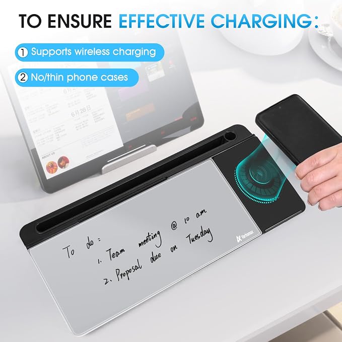 Varhomax Glass Desk Whiteboard with Wireless Charger, Desktop Organizer Dry Erase White Board with Storage, to Do List Memo Notepad for Home and Office Supplies (Black & Gray) - Image 3