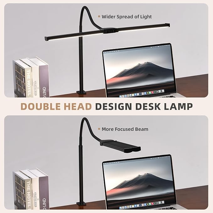 Voncerus LED Desk Lamp for Home Office, Double Head Desk Light with Clamp | 3 Modes 10 Brightness, Long Flexible Goose-Neck, Eye-Caring, Memory Function, Energy Efficient, USB Adapter, Metal, Black - Image 4