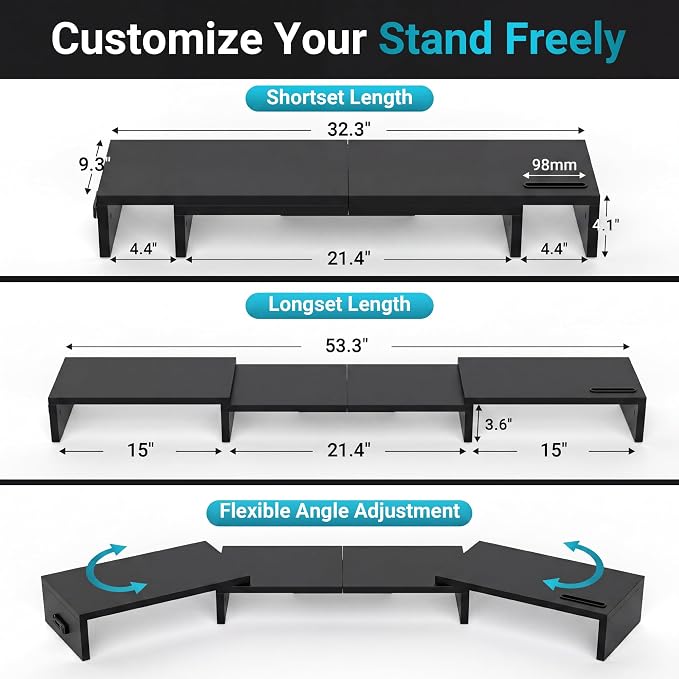 BONTEC Triple Monitor Stand Riser with Smartphone Holder, Black | Adjustable Length & Swivel Angle, Ergonomic Wooden Desktop Organizer for PC Monitor, Laptop, Printer, Large Storage, 53.3 in - Image 3