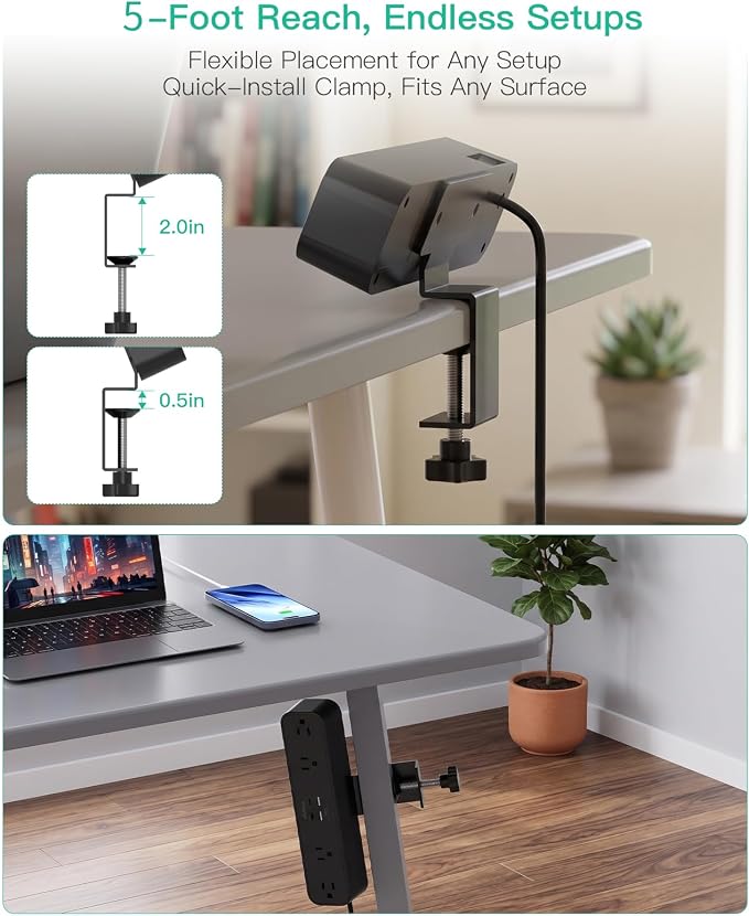 Mifaso PD20W USB C Desk Clamp Power Strip, 1080J Surge Protector | 4 Outlets, 4 USB (2 USBC), 5FT Extension Cord, Desk Organizer Gaming Accessories Office Essentials, Fits 1.96" Edge, Black - Image 6