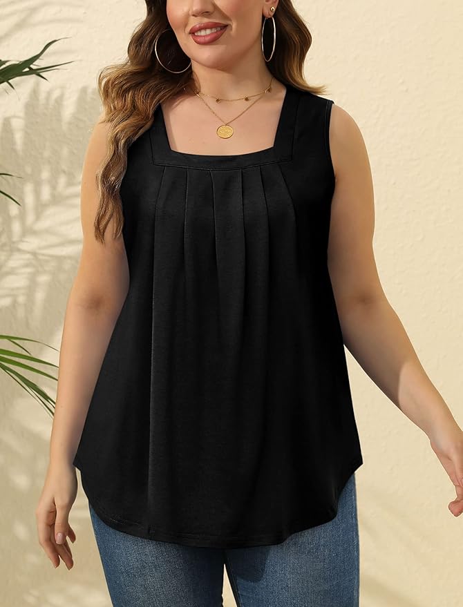 Saloogoe Summer Tank Tops for Women Loose Fit Pleated Square Neck Sleeveless Tops Curved Hem Flowy - Image 6