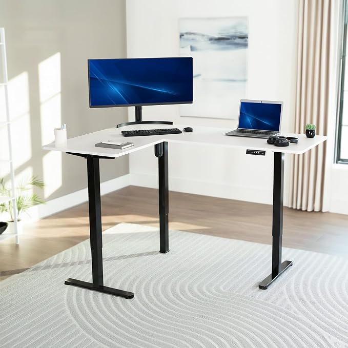 VIVO White 63 x 47 in Corner Standing Desk, DESK-E3CTBW-47 | Electric, Reversible L-Shaped Table, Sit Stand, Height Adjustable, Memory Controller, Office Furniture Sets, Black Frame - Image 2