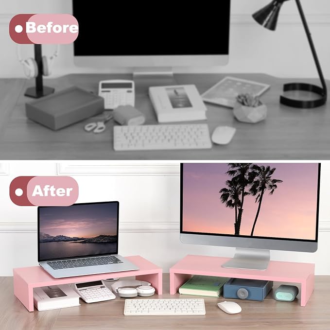 TEAMIX 2 Pack Pink Monitor Riser-20L inch, Cute Monitor Stand for Desk, Wood Sturdy TV/Screen/PC/Printer/Laptop Riser, Computer Shelf with Storage Desktop Organizer for Home Office - Image 7