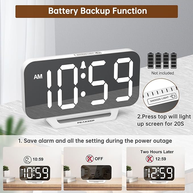 Peakeep Slim Digital Mirror Aesthetic Alarm Clock for Bedrooms Desk Decor | Plug in Electric Big LED Modern Small Clock for Office Living Room, Battery Backup, 6 Dimmers (White) - Image 6