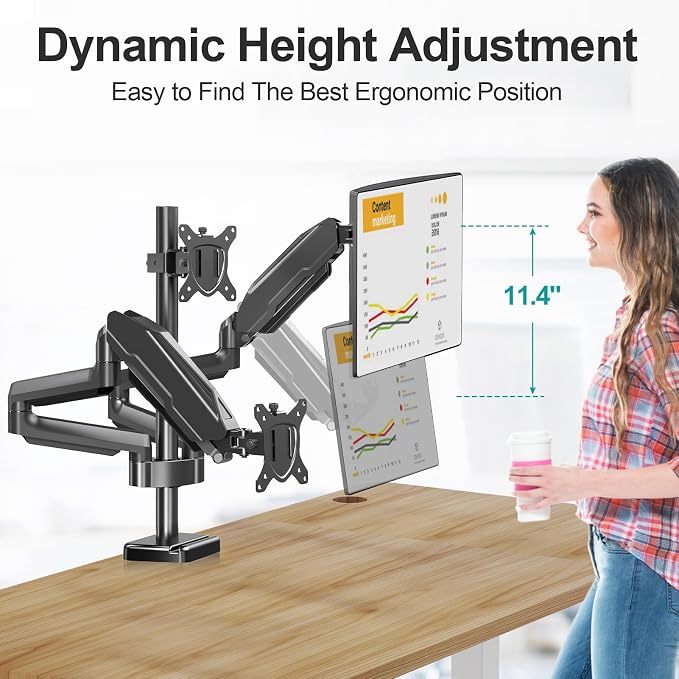 MOUNT PRO Triple Monitor Mount, 3 Monitor Desk Mount for Three Screens up to 32 Inch, Full Motion Gas Spring Heavy Duty Arm Hold up to 19.8lbs Each, Black - Image 6