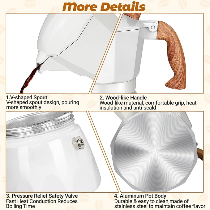 3 Cup Aluminum Moka Pot Classic Stovetop Espresso Coffee Maker 150ml 5oz Coffeemaker Percolator Mocha Pot Greca Coffee Maker Cafe Makers for Italian and Cuban Café Brewing White - Image 6