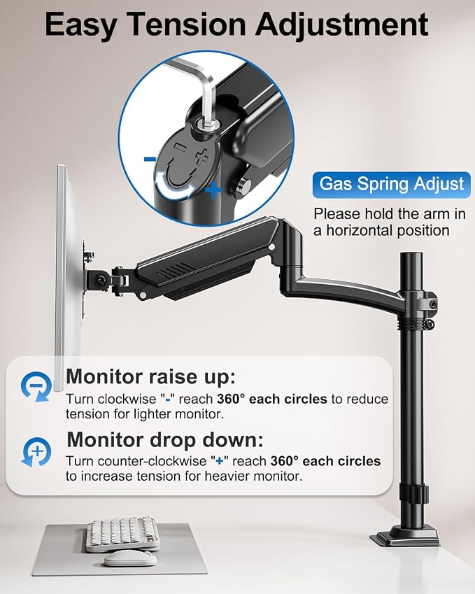 Dual Monitor Stand for Computer Screen up to 32", Holds 22 lbs Each | Taller Monitor Arms Desk Mount, Height Adjustable Gas Spring VESA Mount with C-clamp Grommet Mounting, Black, Freelift - Image 8