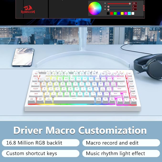 Redragon Wireless Gaming Keyboard, Portable 75% Compact,RGB Backlit, White | Bluetooth/2.4GHz/USB-C Wired, Mini Quiet Macro Membrane Keyboard, Rechargeable 4000mAh Battery, Anti-Ghosting for Win/MAC - Image 9