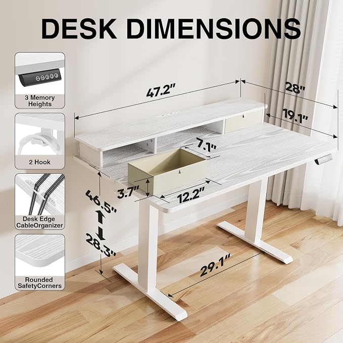 Veken 47x28 in Electric Standing Desk with Drawers, Adjustable Table, White | Stand up Computer Desk for Home Office, Work & Study, with Storage, 3 Memory Presets, Cable Organizer, Hook, and Quiet Lift. - Image 3