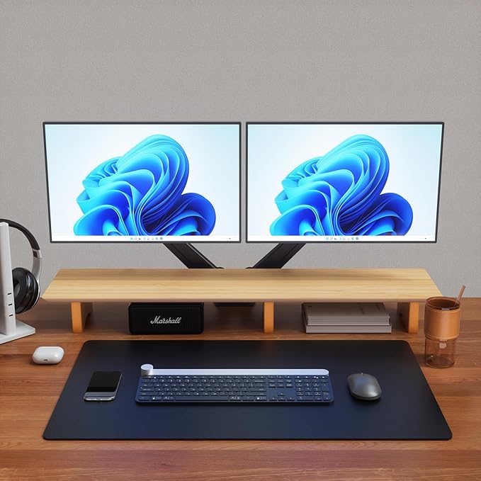 Aothia Large Dual Monitor Stand Riser, Solid Wood Desk Shelf with Eco Cork Legs for Laptop Computer/TV/PC/Printers, Perfect Desktop Stands Organizer with Underneath Storage for Office Accessories - Image 3