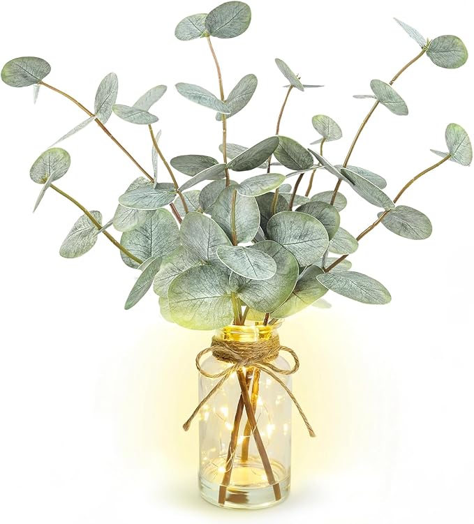 Bessol Artificial Eucalyptus Stems in Glass Vase with Faux Water, 13.5" Fake Plants for Home Decor, Coffee Table Centerpieces, Office, Bathroom & Farmhouse Weddings - Faux Greenery Plants Decorations by Bessol