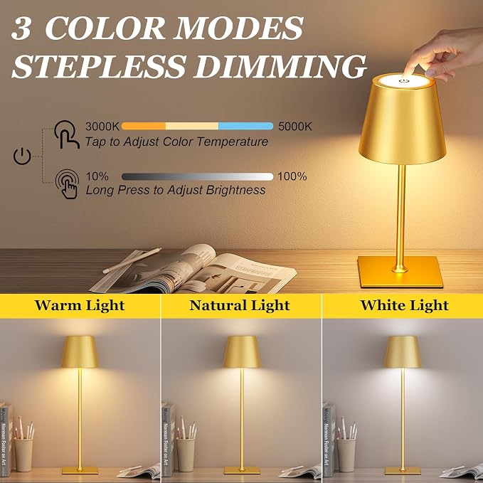Kakanuo Gold Cordless Rechargeable Table Lamp 5000mAh Battery Operated Lamps, 3 Colors Stepless Dimming Touch Lamp for Dining, Living Room, Outdoor Patio, Kitchen Counter, 4 Pack - Image 2