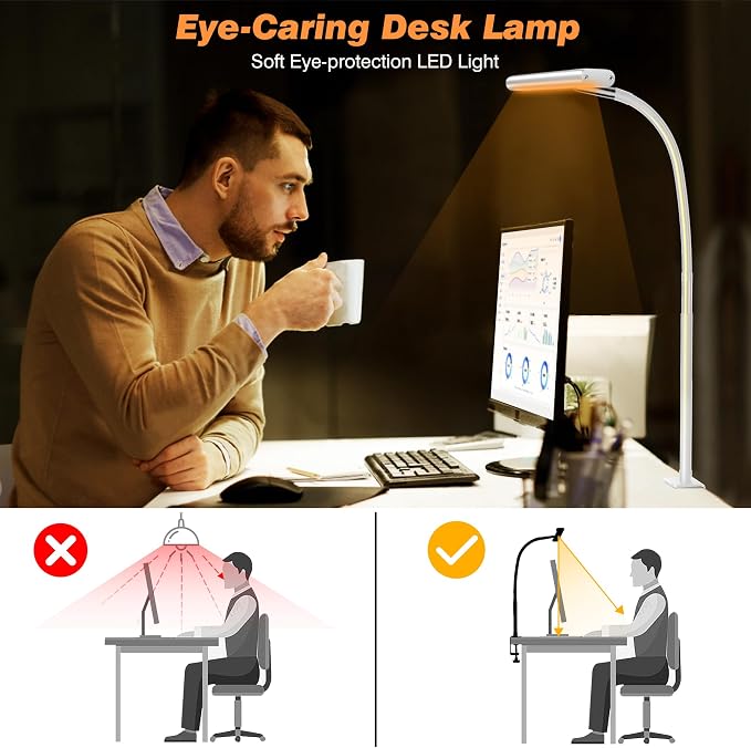 Airlonv LED Desk Lamp with Clamp, 17" Stepless Dimming Light, White | 2700K-6500K, 100 LEDs, 360° Gooseneck, Fits Up to 30" Monitors, Flicker-Free Lighting for Home Office, Study& Workbench - Image 6