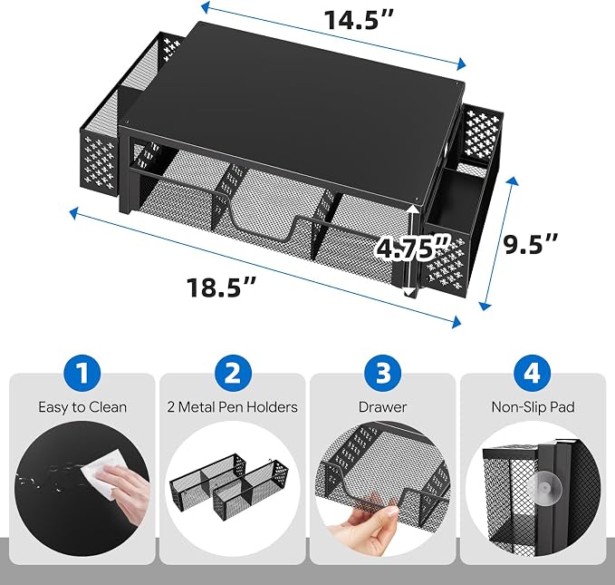 Simple Trending Metal Monitor Stand Riser, Drawer & 2 Pen Holders, Black | 2-in-1 Desk Organizer & Monitor Stand | Sturdy Metal | Ergonomic Support | Space Saving | Easy Setup - Image 3