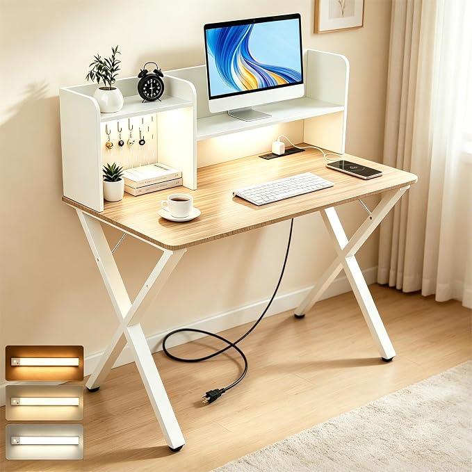 Lightdot 44"×24" White Computer Desk with Motion Sensor Light, Home Office Gaming Desk with Charging Station Pegboard, Modern Study Desk for Work Bedroom Game Kids Room Living Room by LightdotLighting
