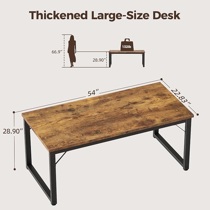 Mericonia 54 Inch Computer Desk, 1" Thick Large Office Table, Brown | Modern Simple Style, Heavy Duty Industrial Frame, Study & Writing Table for Home Bedroom Work - Image 2