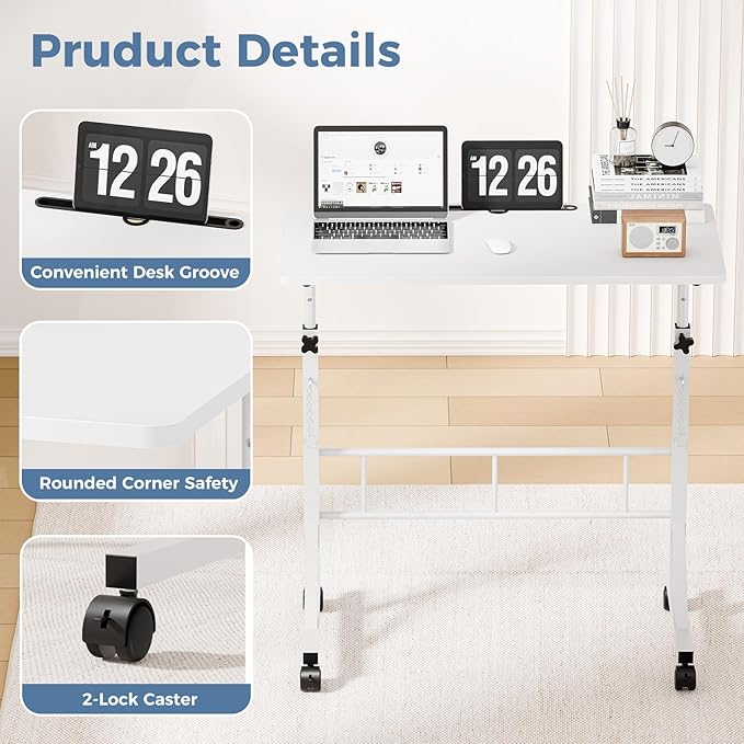 DUMOS 31.5" Walking Pad Desk, Laptop Desk, Home Office | Lockable Wheels, Adjustable Height, Portable Rolling Design, Treadmill Use, Stand Up Style, White - Image 5