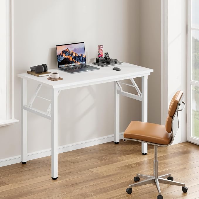 Need Office Computer Desk 35.8 Inch Sturdy Folding Laptop Table White | White Frame Writing Gaming Work Table/Foldable Home Office Desk/Sewing Table, No Assembly Required - Image 2