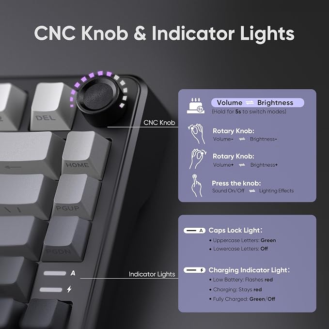 RedThunder K75 Wireless Mechanical Gaming Keyboard, 75% Hot Swappable Creamy Keyboard with Knob, RGB Backlit, Pre-lubed Linear Switches, Side Engraved PBT Keycaps, Wireless/Wired/BT5.0, Gradient Gray - Image 3