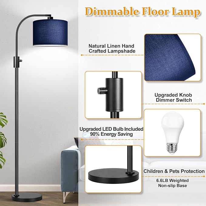 Nintiue Upgraded Modern Arc Dimmable Tall Standing Floor Lamp with Blue Shade, 1200 Lumens LED Bulb Included, for Living & Reading Room, Bedroom, Office & Nursery, Black - Image 4