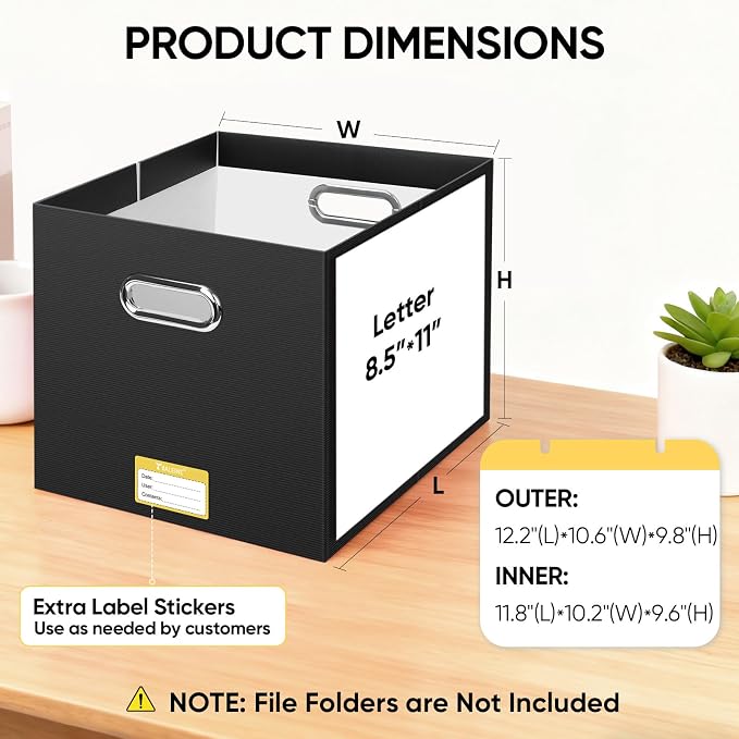 BALEINE File Organizer Box, Cardboard File Folder Organizer with Handle for Letter Size, Portable Collapsible Hanging Filing Box for Home Office Document Storage (2 Pack, Large Black) - Image 3