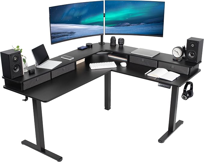VIVO Black 63 x 55 in Corner Standing Desk, DESK-E3CVB | Electric, 2-Tier, L-Shaped, Sit Stand, Height Adjustable, Memory, Black Top, Black Frame, Dark Gray Drawers by Unknown