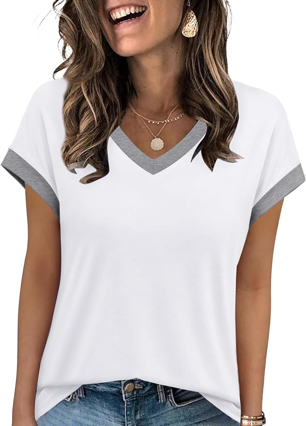 WIHOLL Womens Summer Tops 2026 Cap Short Sleeve Shirs V Neck T Shirts Fashion Beach Vacation Clothes Color Block - Image 3