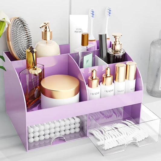Makeup Organizer with Drawers, Cosmetic Storage for Dresser Vanity and Bathroom Countertop, Beauty Holder for Lipstick Brush, Skincare Organizer for Vanity, Cosmetic Display Case (Purple) by COMFYROOM