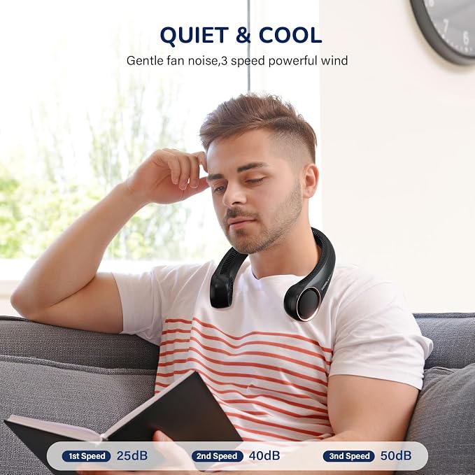 Portable Neck Fan Rechargeable, Personal Neck Cooling Fan, Hands Free Bladeless Fan, Ultra Quiet, 3 Speeds Adjustable Strong Wind, 4000 mAh Battery Operated, Gifts for Men Women Mom Dad(Black), Small - Image 6