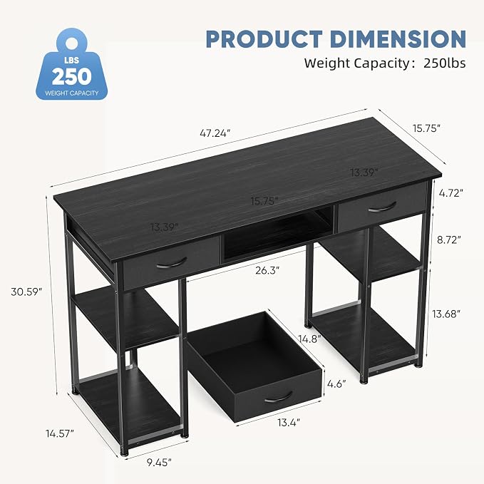 DUMOS 48-Inch Computer Desk with Drawers, Hook and Side Bag, Black | Home Office Desk for Bedroom, Gaming Writing Study Desk with Adjustable Feet - Image 3