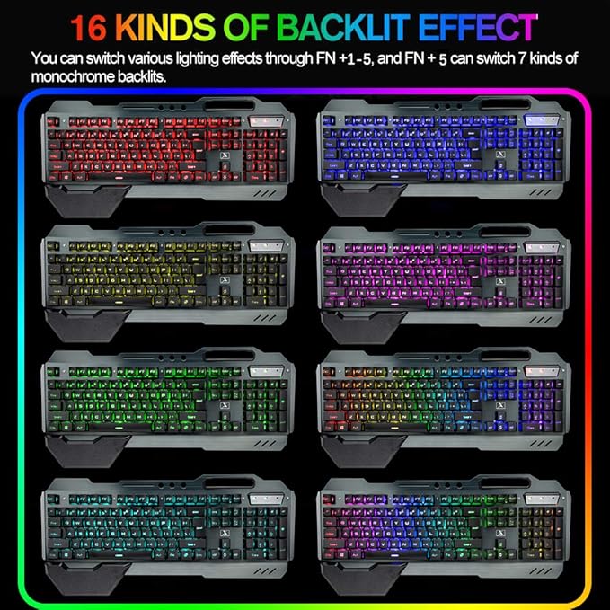 Wireless Gaming Keyboard and Mouse,RGB Backlit Rechargeable Keyboard Mouse with 5000mAh Battery Metal Panel,Removable Hand Rest Mechanical Feel Keyboard and 7 Color Gaming Mute Mouse for PC Gamer - Image 3