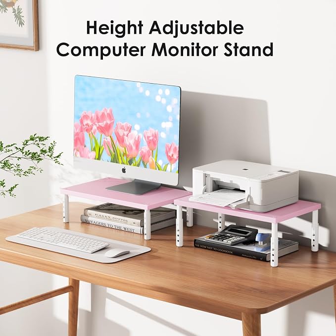 ECOLOVI 4-Height Adjustable Wood Computer Monitor Stand Riser, Desktop PC Printer Laptop Stand for Desk Organizer and Accessories, Office Desk Decor & Accessories for Women, Pink - Image 6