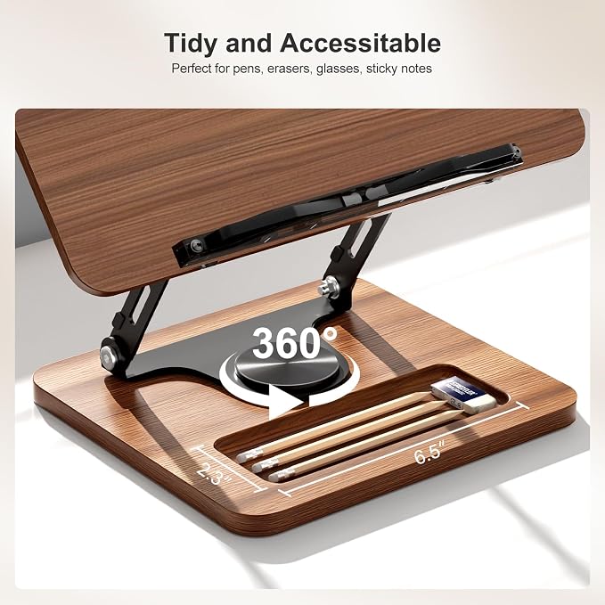 OPTIXCELL Book Stand for Reading, 360° Rotating Book Holder, Page Clips | Hands Free, Built-in Storage Tray, Adjustable Height Angle, Non-Slip, Foldable 13.3x9.4x1.9in, Fits Cookbook Tablet & Laptop - Image 4