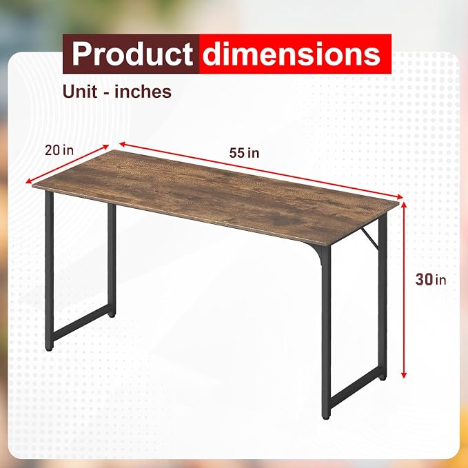 PayLessHere | 55 Inch Computer Desk | Vintage | Office Desk with Metal Frame, Adjustable Feet | Water-Resistant, Scratchproof Surface | Sturdy Writing Table for Home Office or Study | Pack of 1 - Image 3