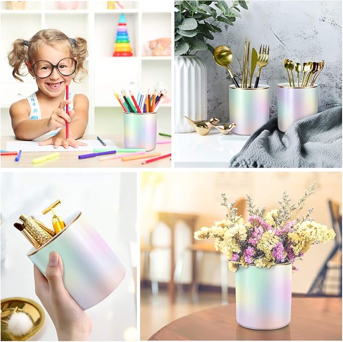 Cute Pen Holder for Desk, Pencil Cup Holder Desktop Stationery Makeup Brush Organizer Decor for Teen Girls Durable Ceramic Desk Organizer for Office, Classroom, Home, Colorful - Image 2