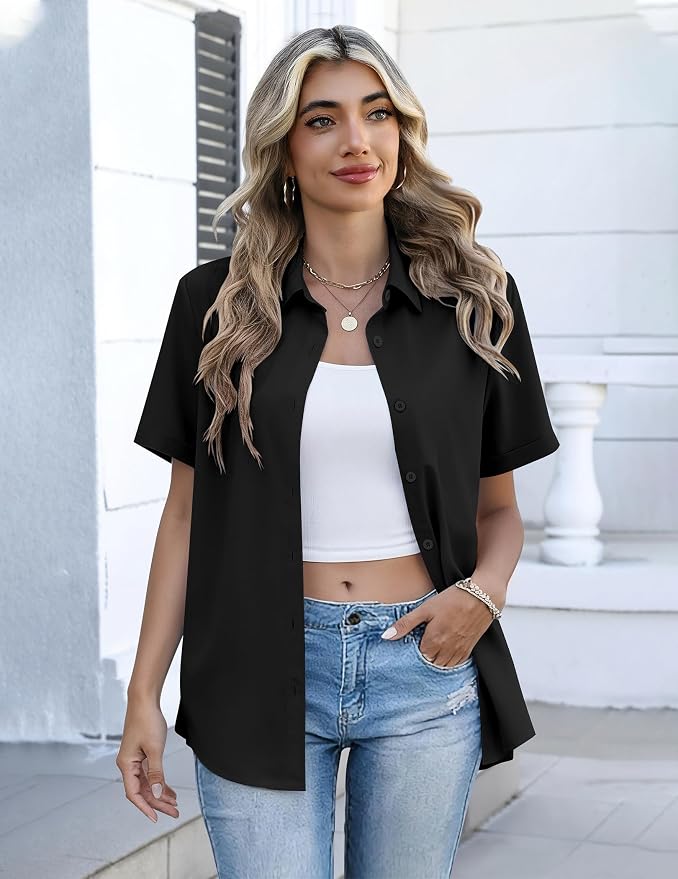 Zeagoo Button Down Shirts for Women Short Sleeve Collared Tops Dressy Casual V Neck Blouses - Image 3