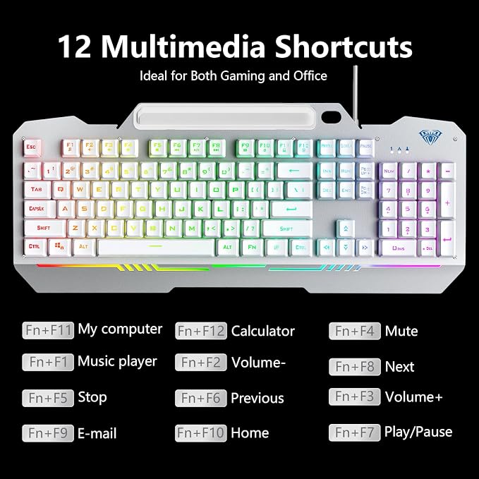 AULA Gaming Keyboard, T102 104 Keys Keyboard and Mouse Combo, USB Wired Computer Keyboards Mechanical Feel Full Size, RGB Backlit for PC/Laptop Gaming or Working/Office (White) - Image 7