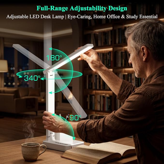 COZOO LED Desk Lamp with 2 USB Charging Ports,Type C Port,1 AC Outlet,2 Pen Holders,3 Color Temperature 3 Brightness Level,Touch/Memory/Timer,10W Eye Protection Foldable Reading Light,Study Lamp-White - Image 5