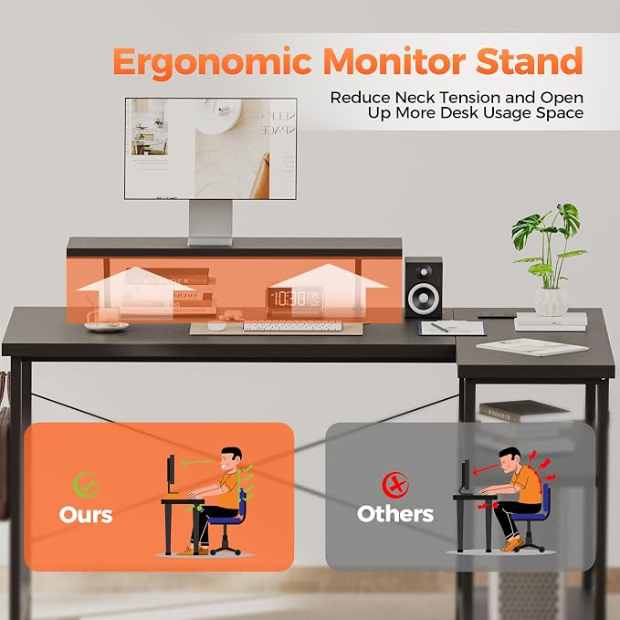Mericonia 48 in Corner Desk with Monitor Stand, Small L Shaped Gaming Desk | Reversible Computer Desk with Power Outlets, LED Light & Storage Shelves, Office Table for Home Bedroom Study Work Writing - Image 4
