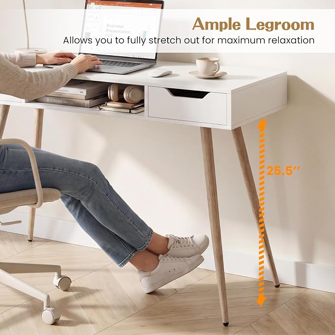 Giantex White Computer Desk with Drawers, 42.5" Minimalist Mid Century Modern Vanity Writing Desk with Open Storage Cubby & Metal Leg, Compact Wooden Study Table for Small Spaces Home Office (White) - Image 5
