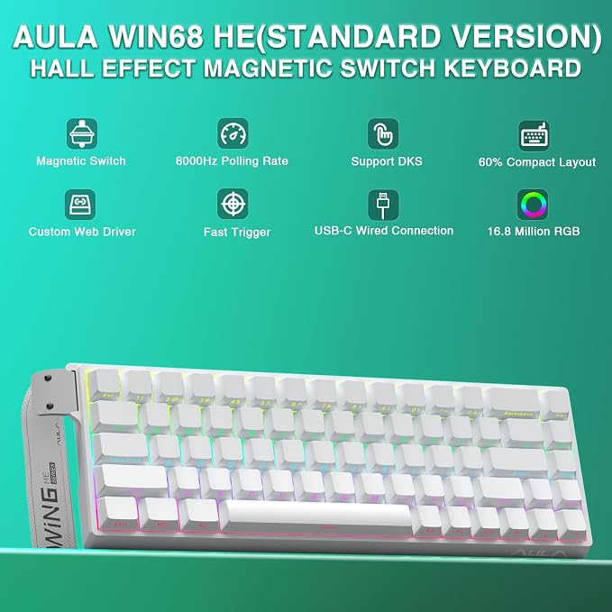 AULA WIN68 HE Mechanical Gaming Keyboard 60%, Hall Effect Magnetic Switch, Fast Trigger Mode Adjustable Actuation, 8000Hz Polling Rate, RGB Backlit, Wired White Keyboard for Laptop/PC Gamer - Image 2