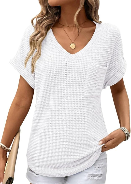 Dokotoo Womens Waffle Knit Tops 2026 Spring Summer V Neck Shirts Casual Trendy Women's Blouses Basic Tee by Dokotoo